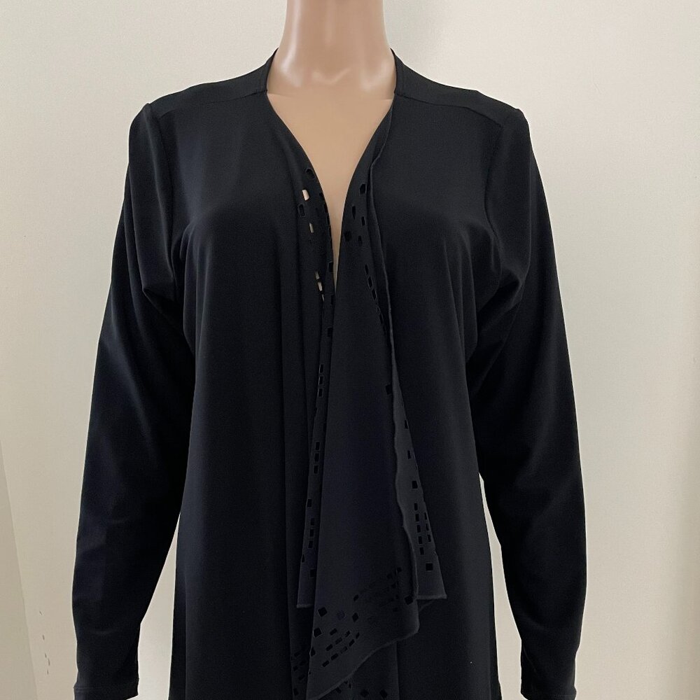 Sympli Cardigan Womens Size 14 Black Open Front Laser Cut Drape Lagenlook NWOT
